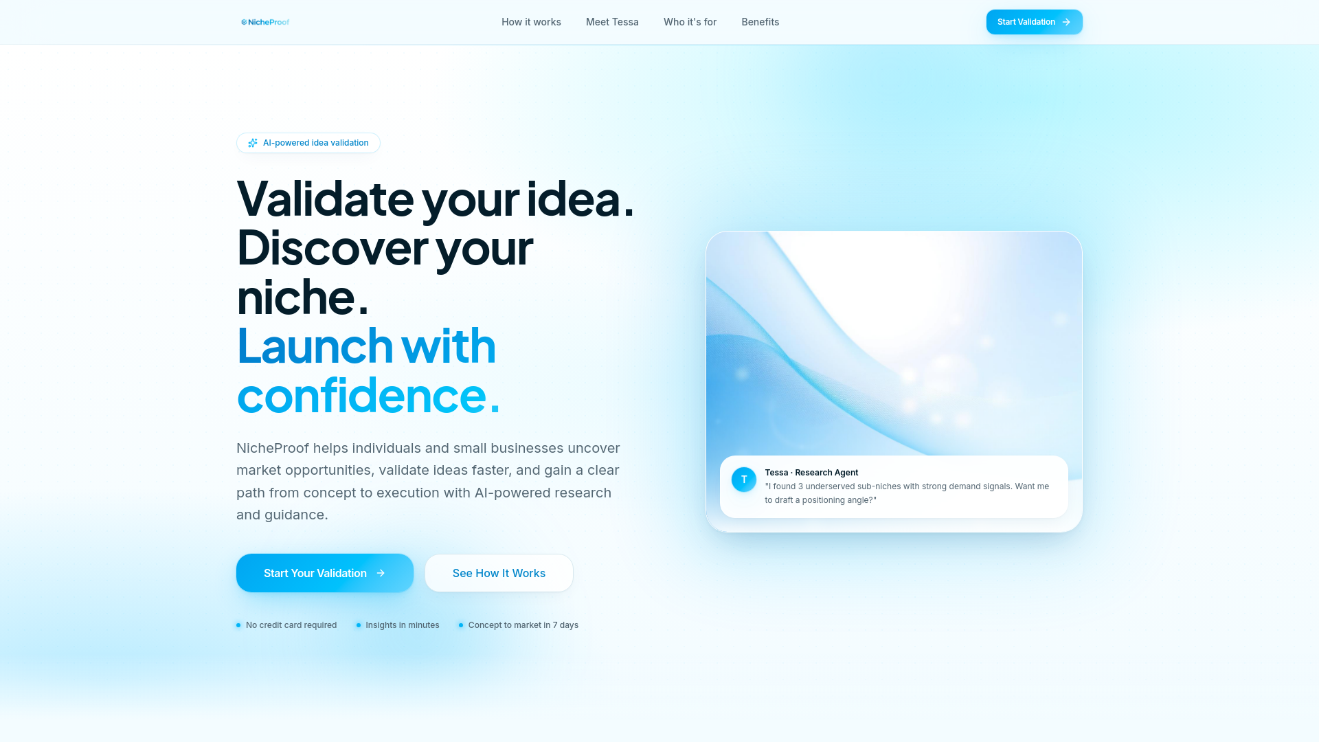 Screenshot of Niche Finder, an AI-powered idea validation and niche discovery experience guided by Tessa, an AI research agent