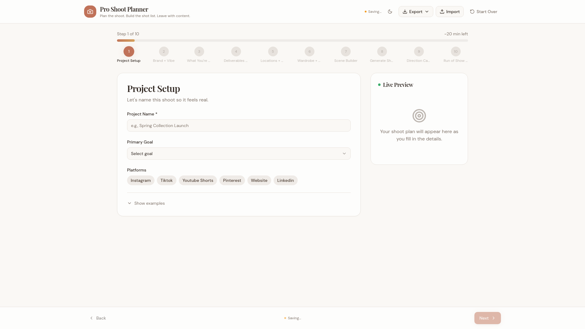 Screenshot of Pro Shoot Planner