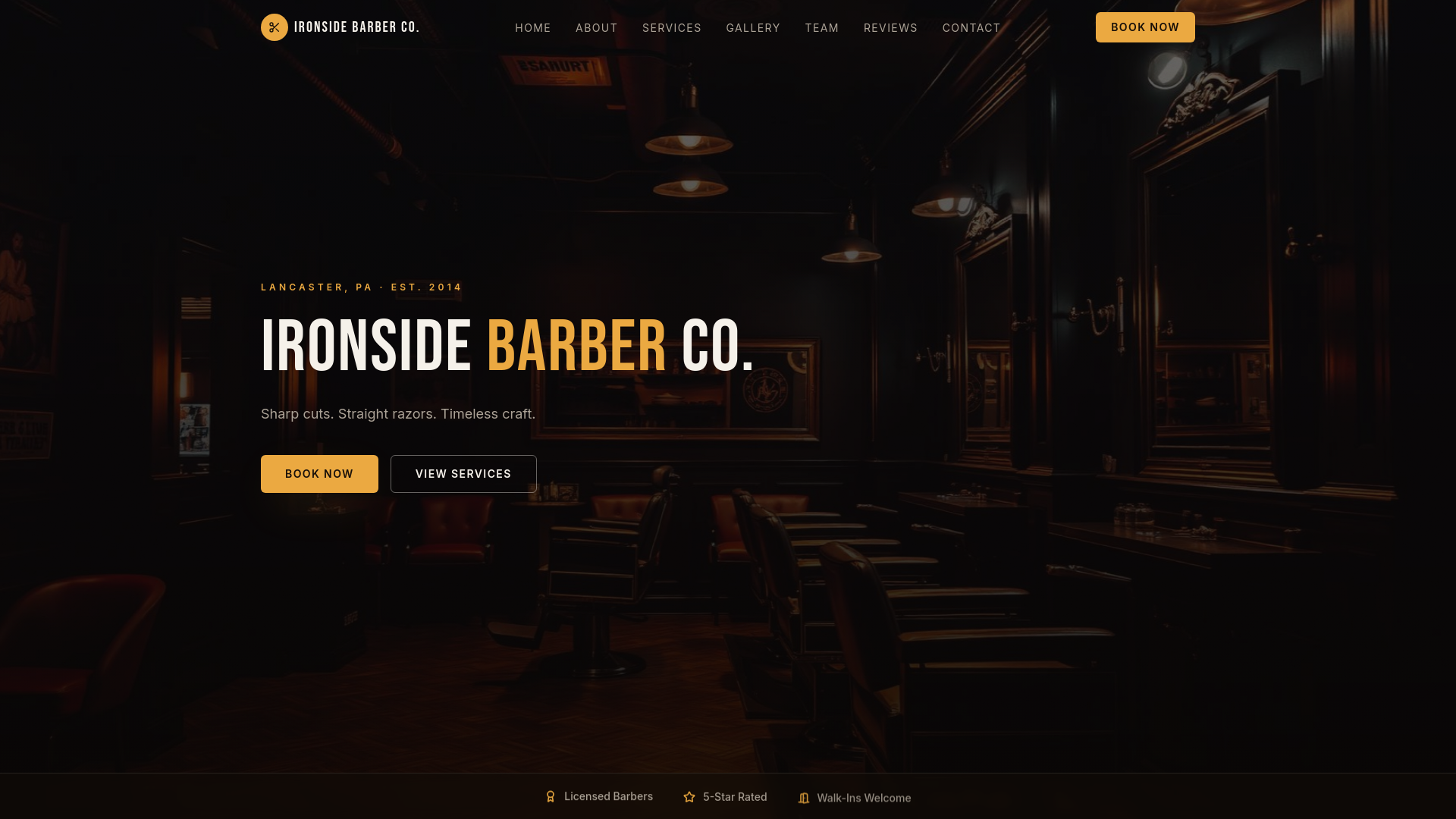 Homepage of the Ironside Barber Co. concept build, showing a dark editorial barbershop layout with an amber book-now button.