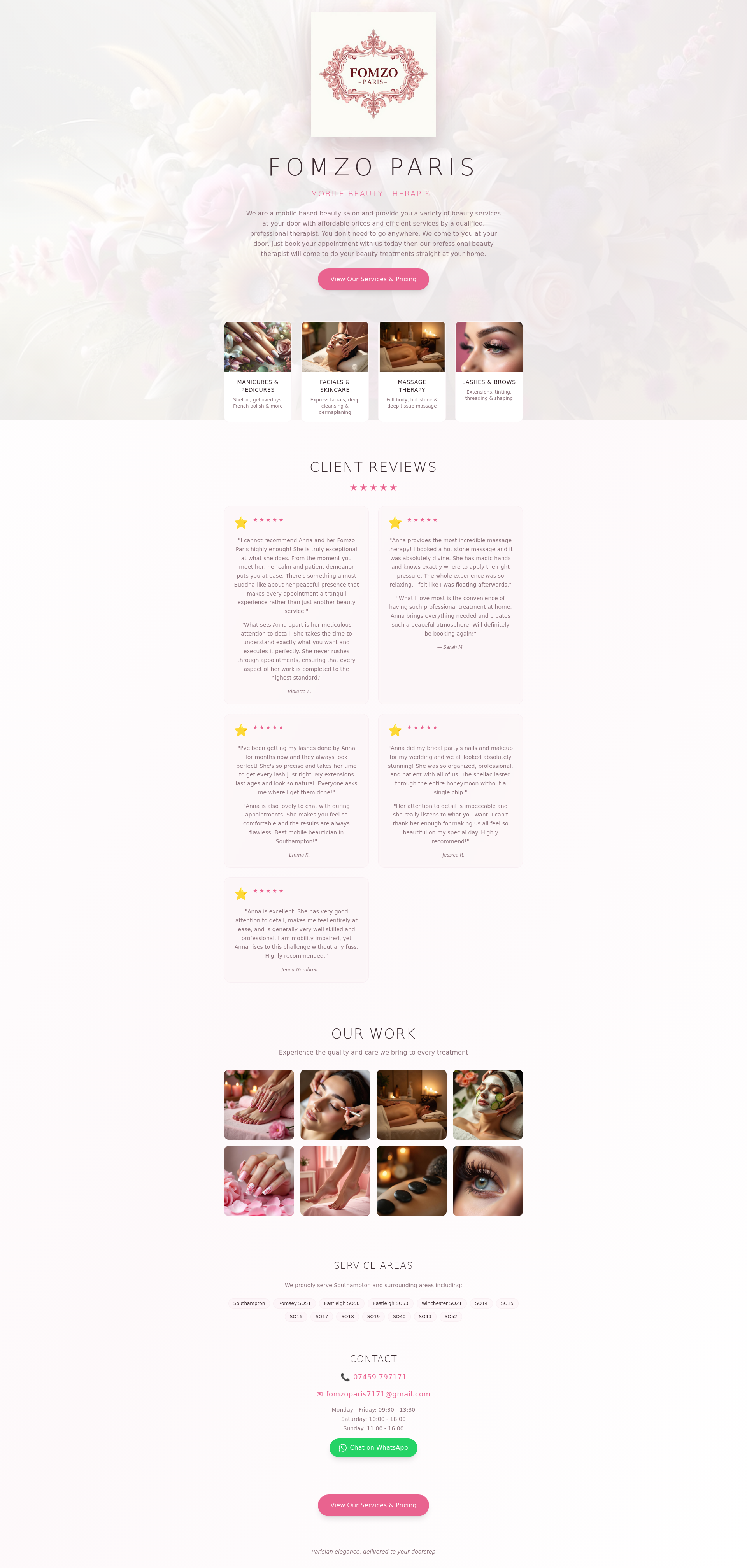 Screenshot of Fomzo Paris — a client-facing beauty-services website built with AI-assisted web tools.