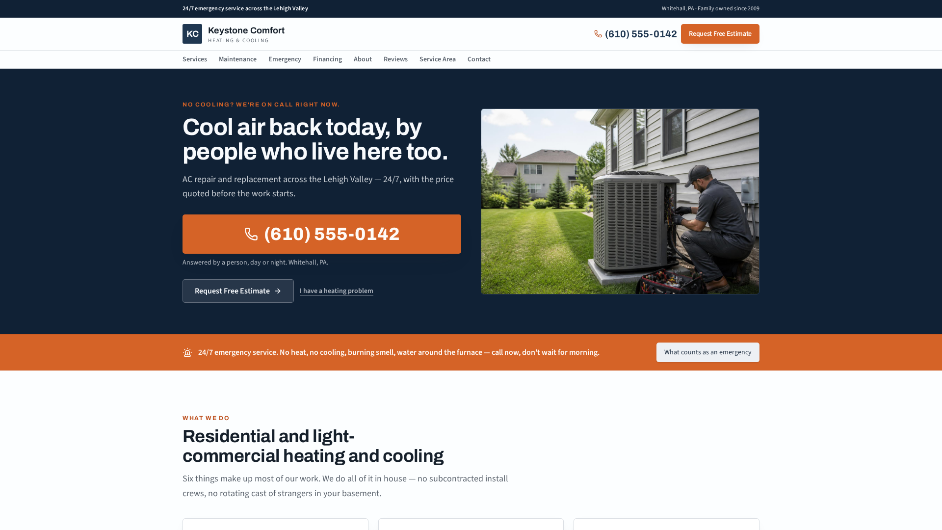 Homepage of the Keystone Comfort Heating & Cooling concept build, showing a large tappable phone number and a request-estimate button.