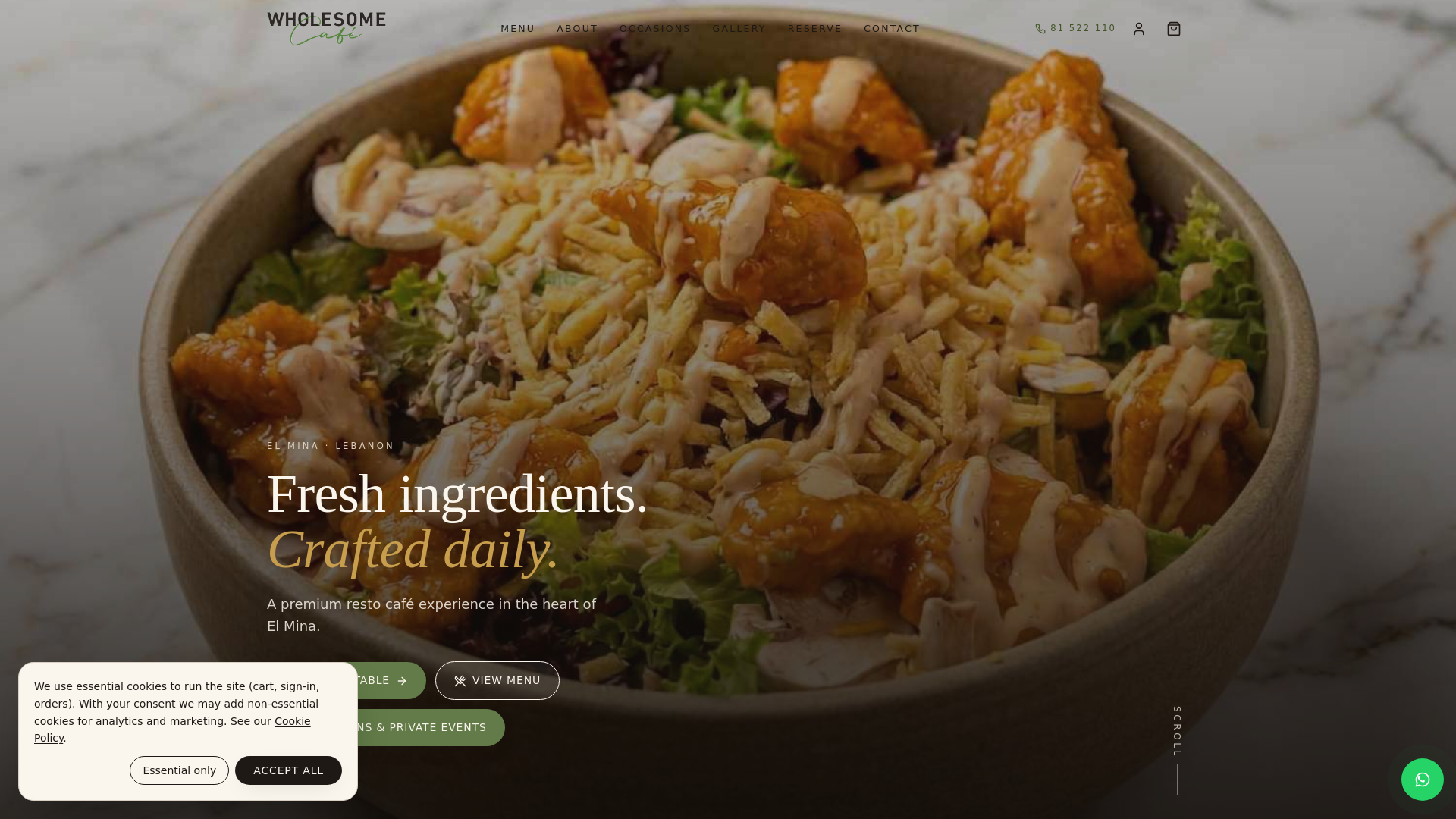 Wholesome Cafe live website homepage