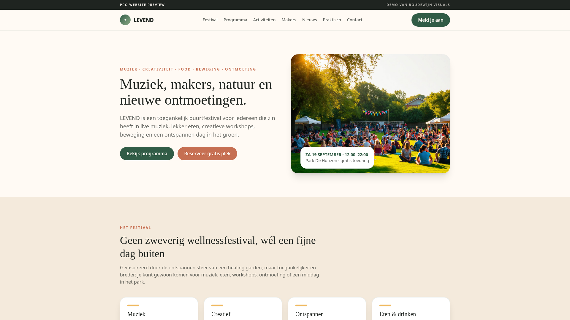 Homepage van de demo website LEVEND Festival