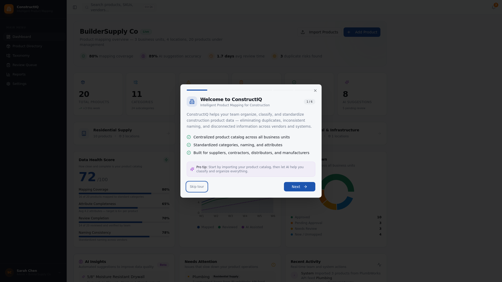 Screenshot of ConstructIQ Hub, a construction-product data management hub with standardized categories, review workflows, and reporting