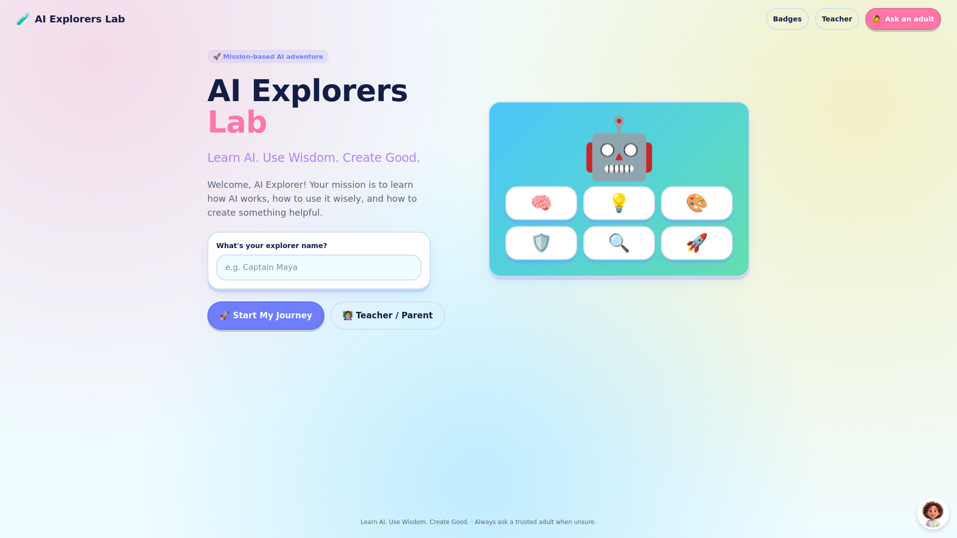 Screenshot of AI Explorer Academy, a mission-based AI learning experience for children in grades 1 to 6