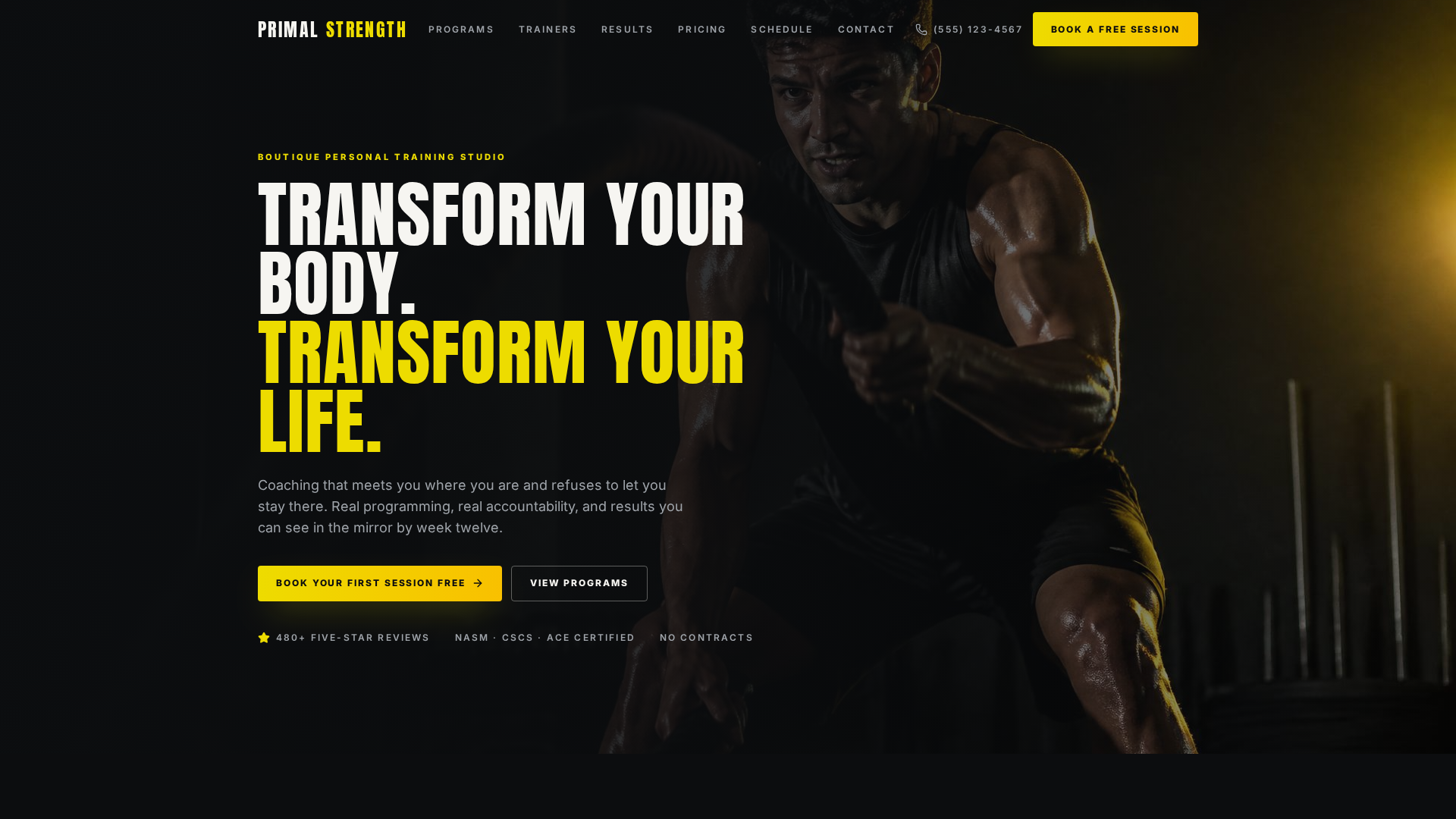 Homepage of the Primal Strength concept build, showing a high-contrast dark layout with a book-a-session call to action.