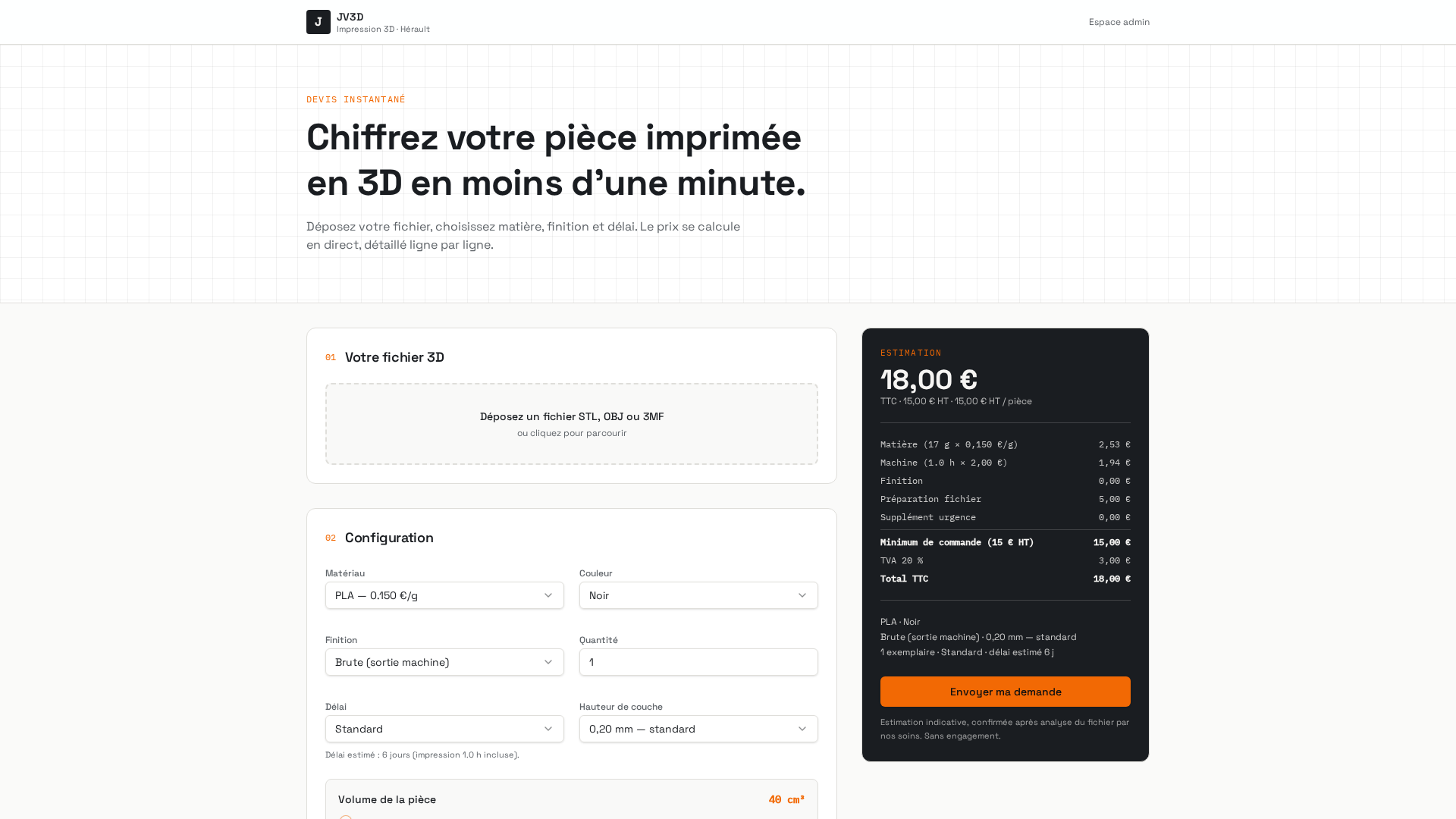 Aperçu du configurateur de devis instantané pour impression 3D