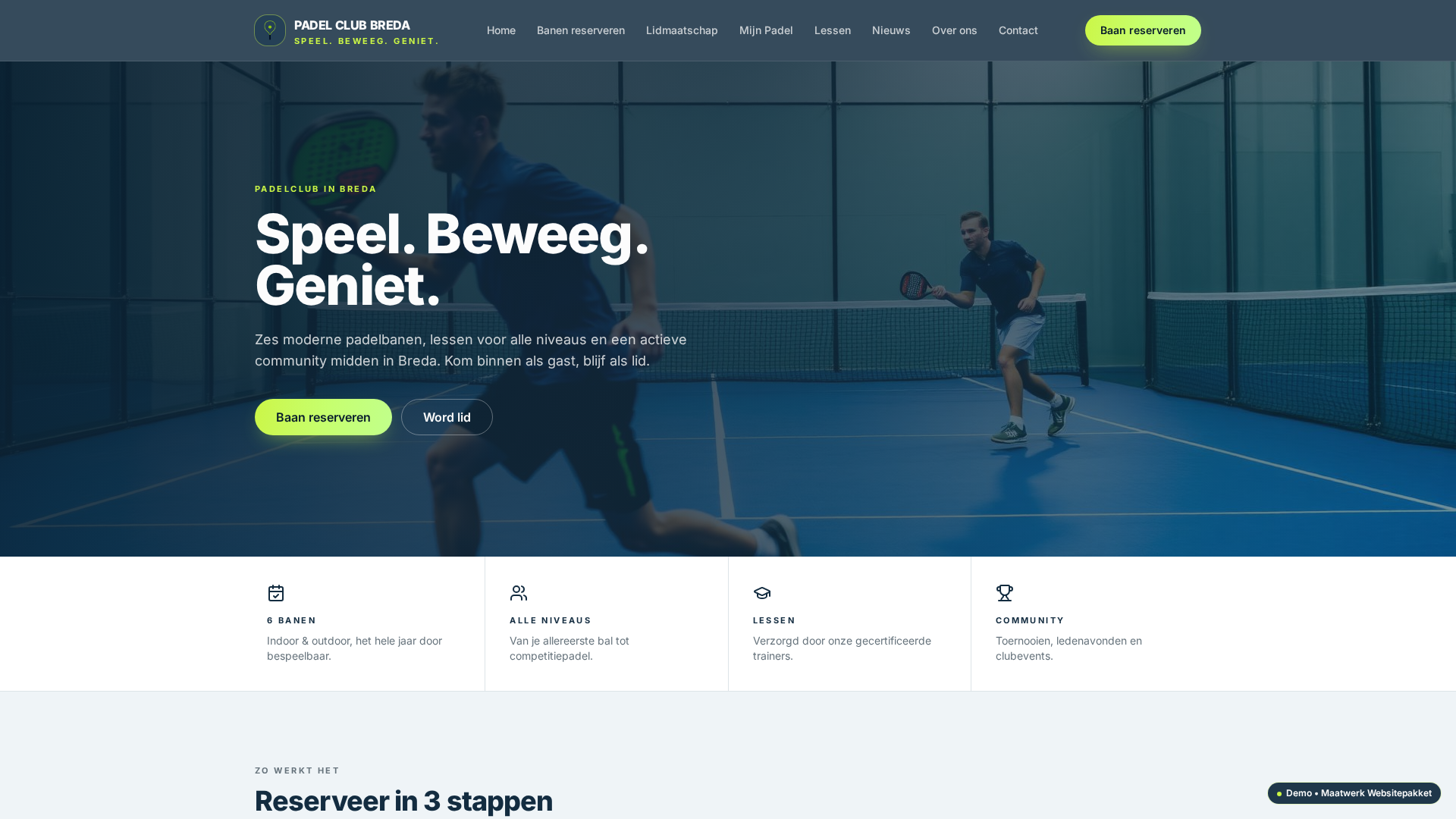 Homepage van de demo website Padel Club Breda