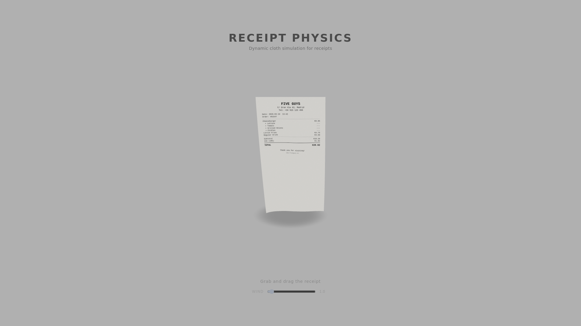 Screenshot of Receipt Cloth-Sim — Draggable WebGL Paper