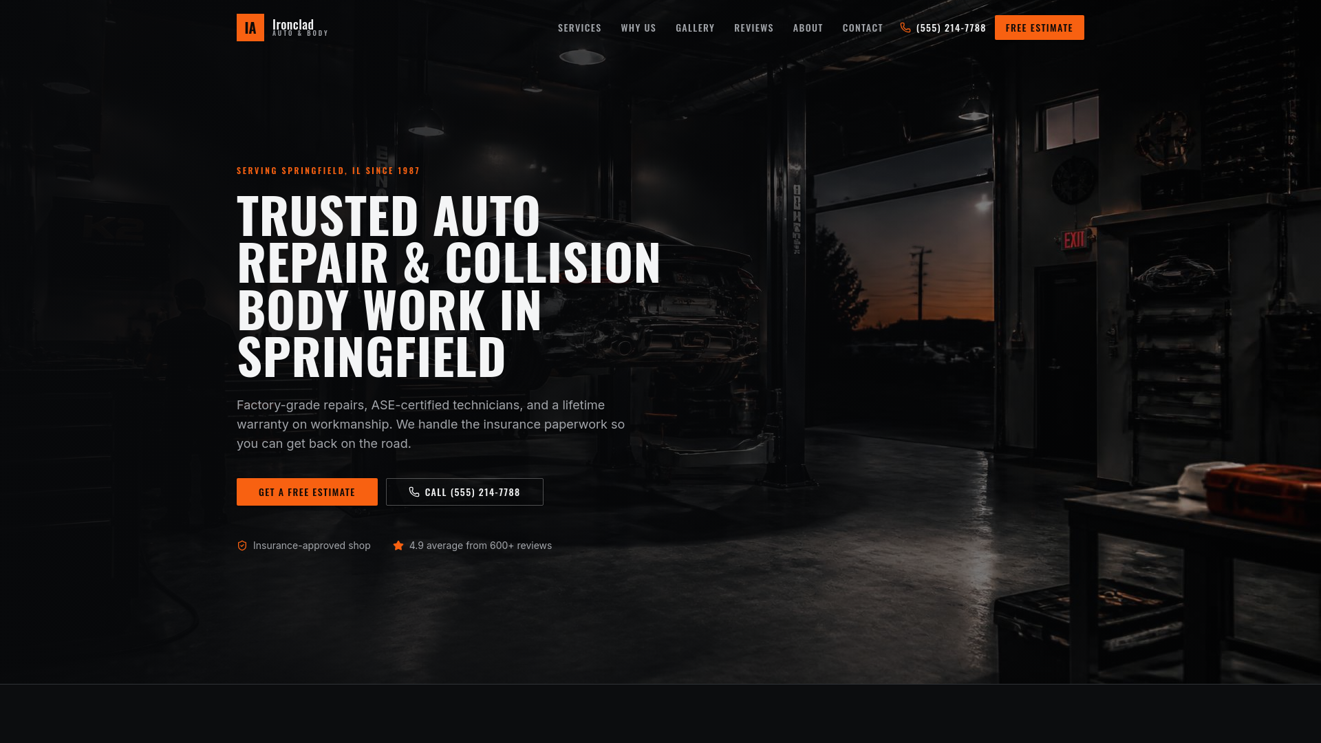 Homepage of the Ironclad Auto & Body concept build, showing a dark automotive layout with a prominent estimate request button.