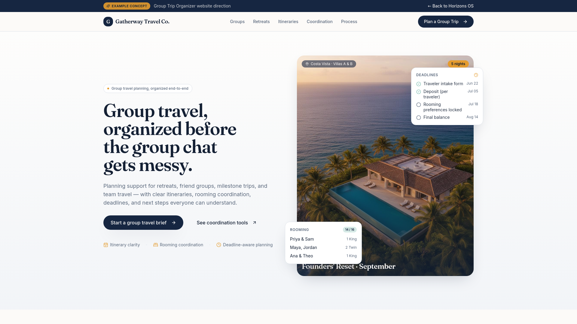 Group Trip Organizer example concept website preview