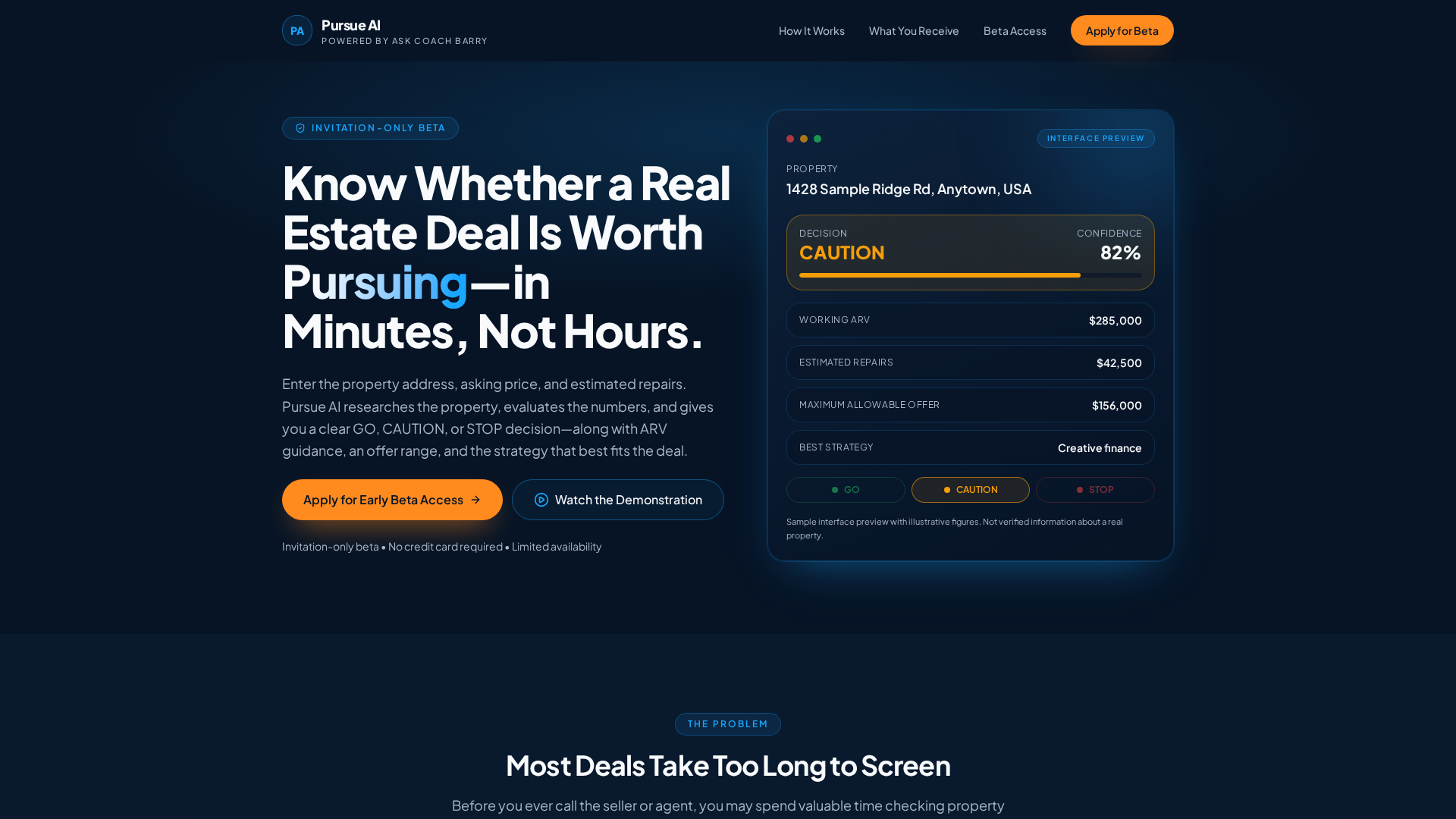 Screenshot of Deal Navigator AI, a real-estate deal-screening tool showing property analysis and a GO, CAUTION, or STOP recommendation