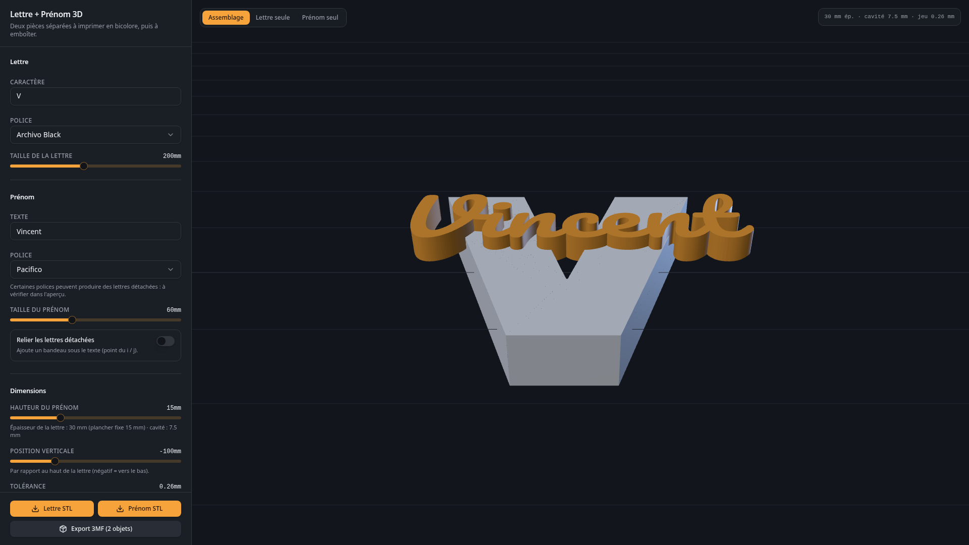 Aperçu du configurateur Lettre + Prénom 3D
