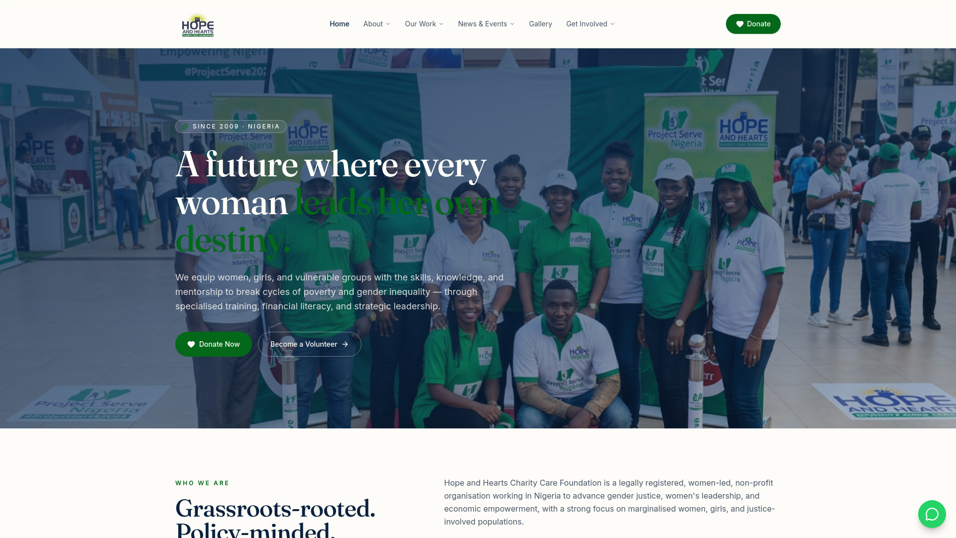Screenshot of Hope and Hearts Charity Care