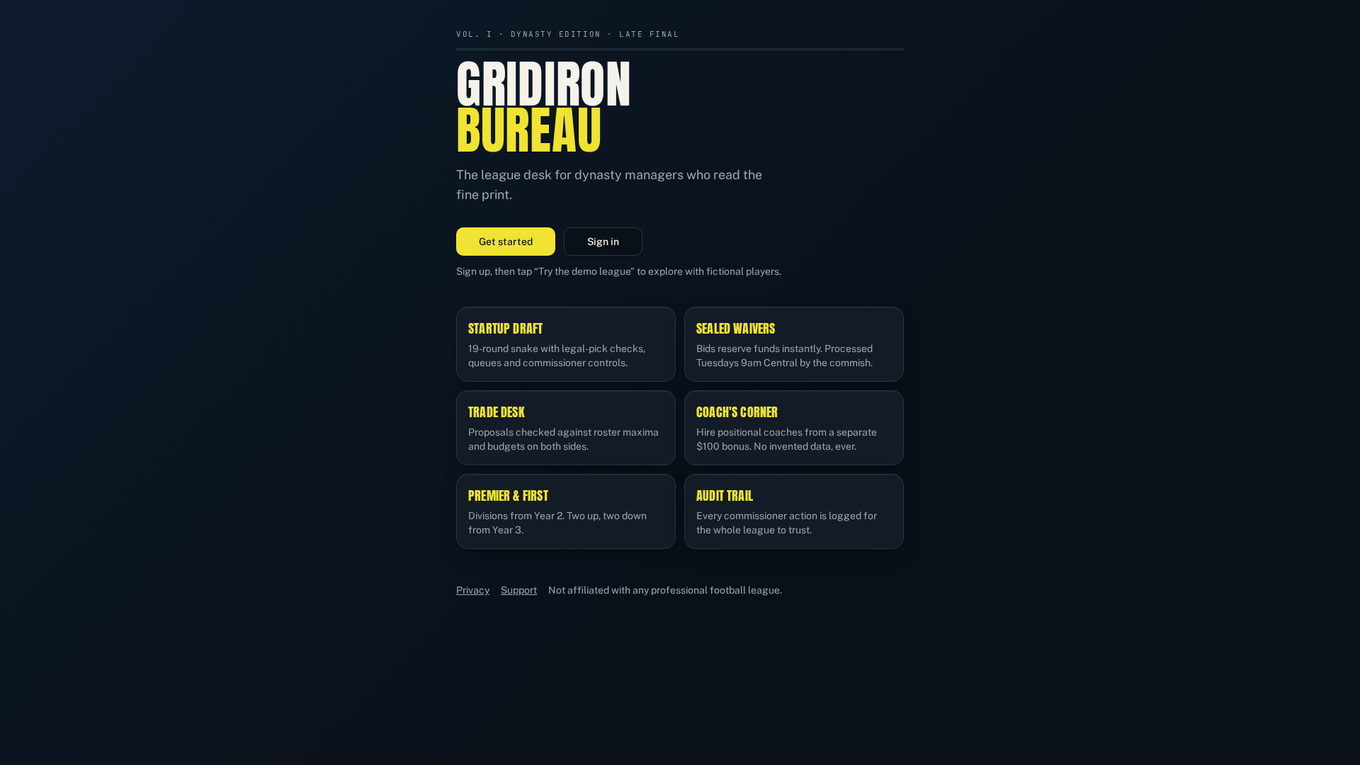 An earlier version of the Gridiron Bureau app interface