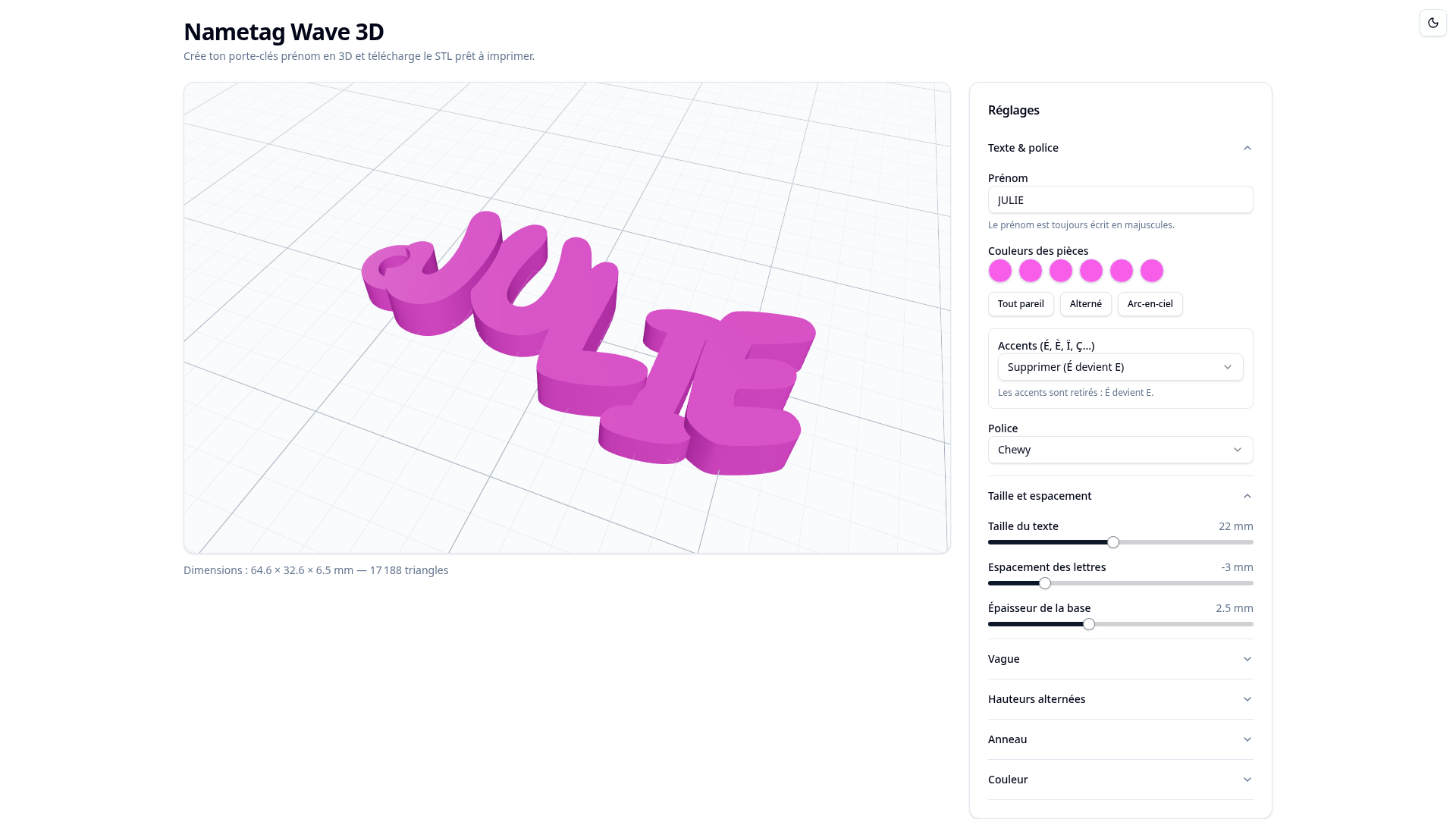 Aperçu du configurateur Porte-clés prénom en vague 3D