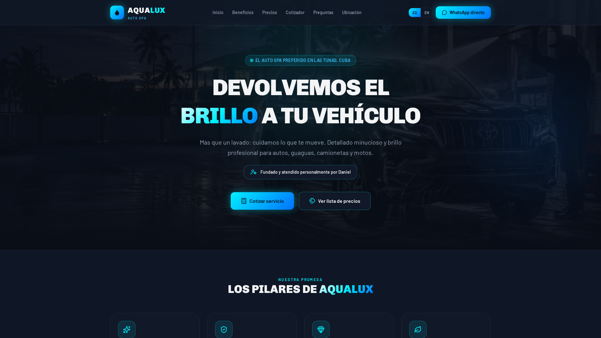 Portada del website de Aqua Lux Auto Spa