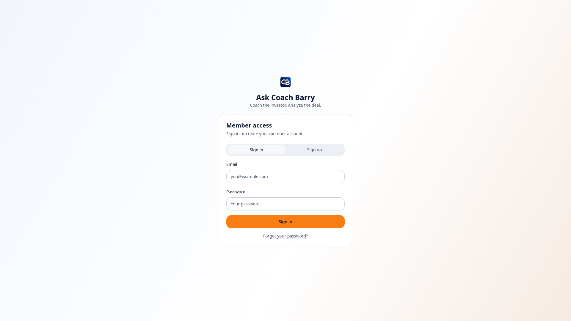 Screenshot of Ask Coach Barry, an AI-powered real estate coaching and deal analysis platform for investors