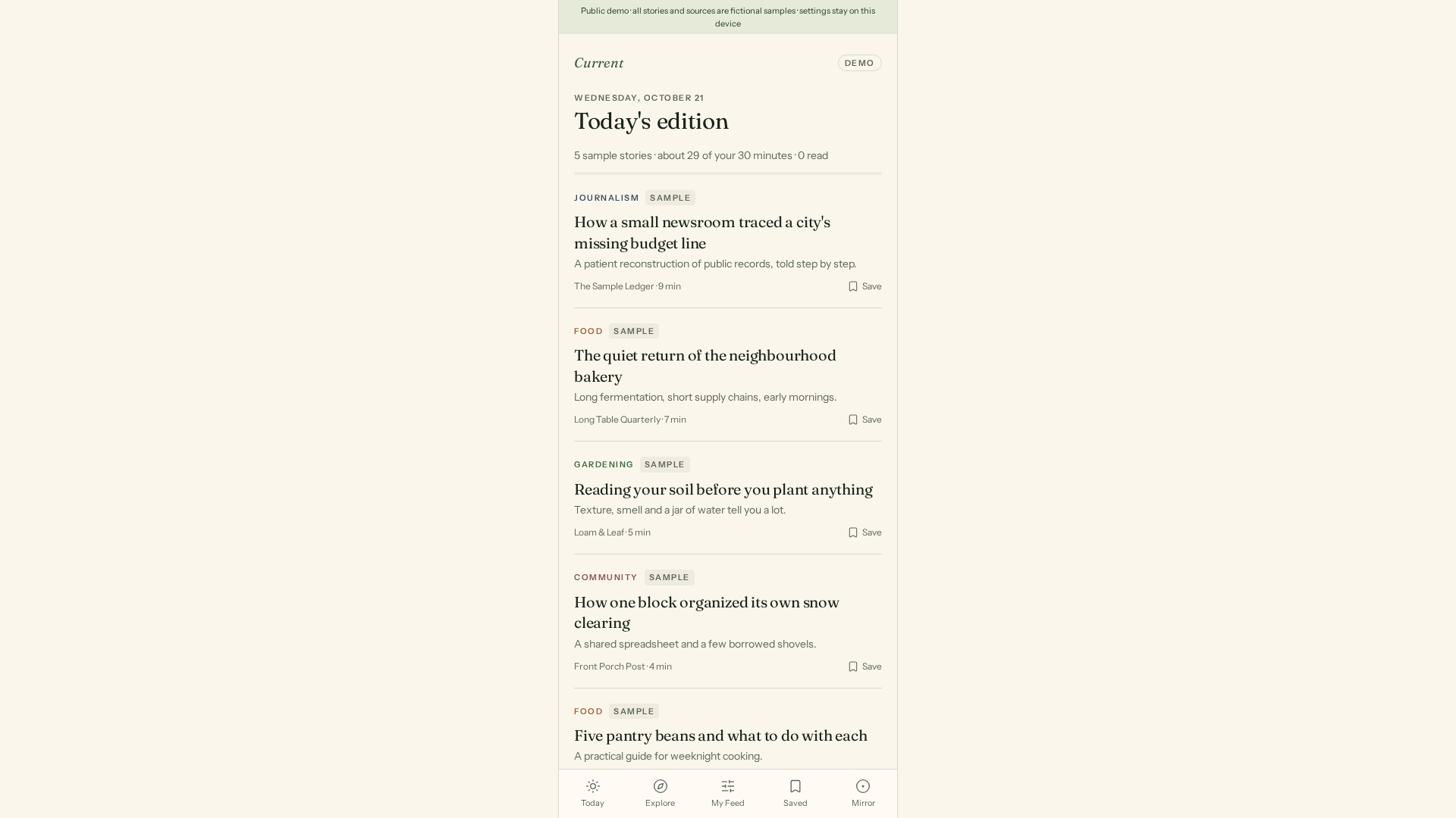 Screenshot of the Current prototype: a personal feed concept with sample content